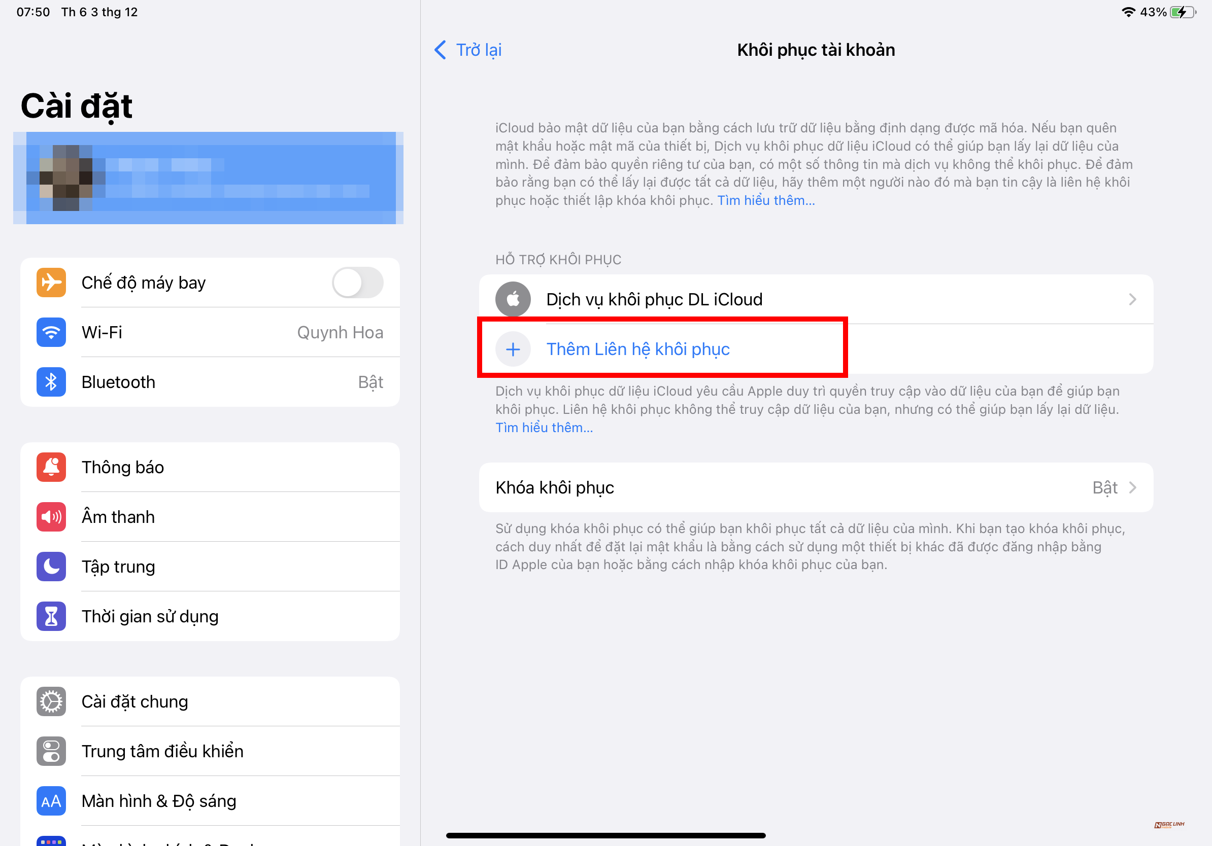 Thêm liên lạc tin cậy để khôi phục mật khẩu iCloud