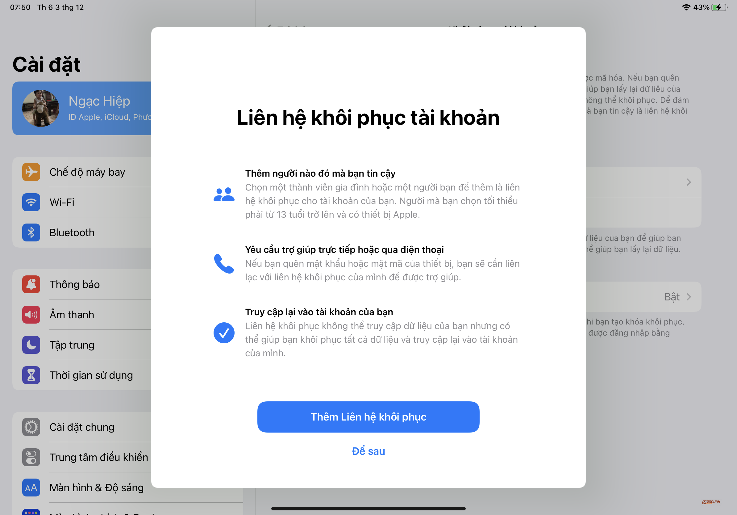 Thêm liên lạc tin cậy để khôi phục mật khẩu iCloud